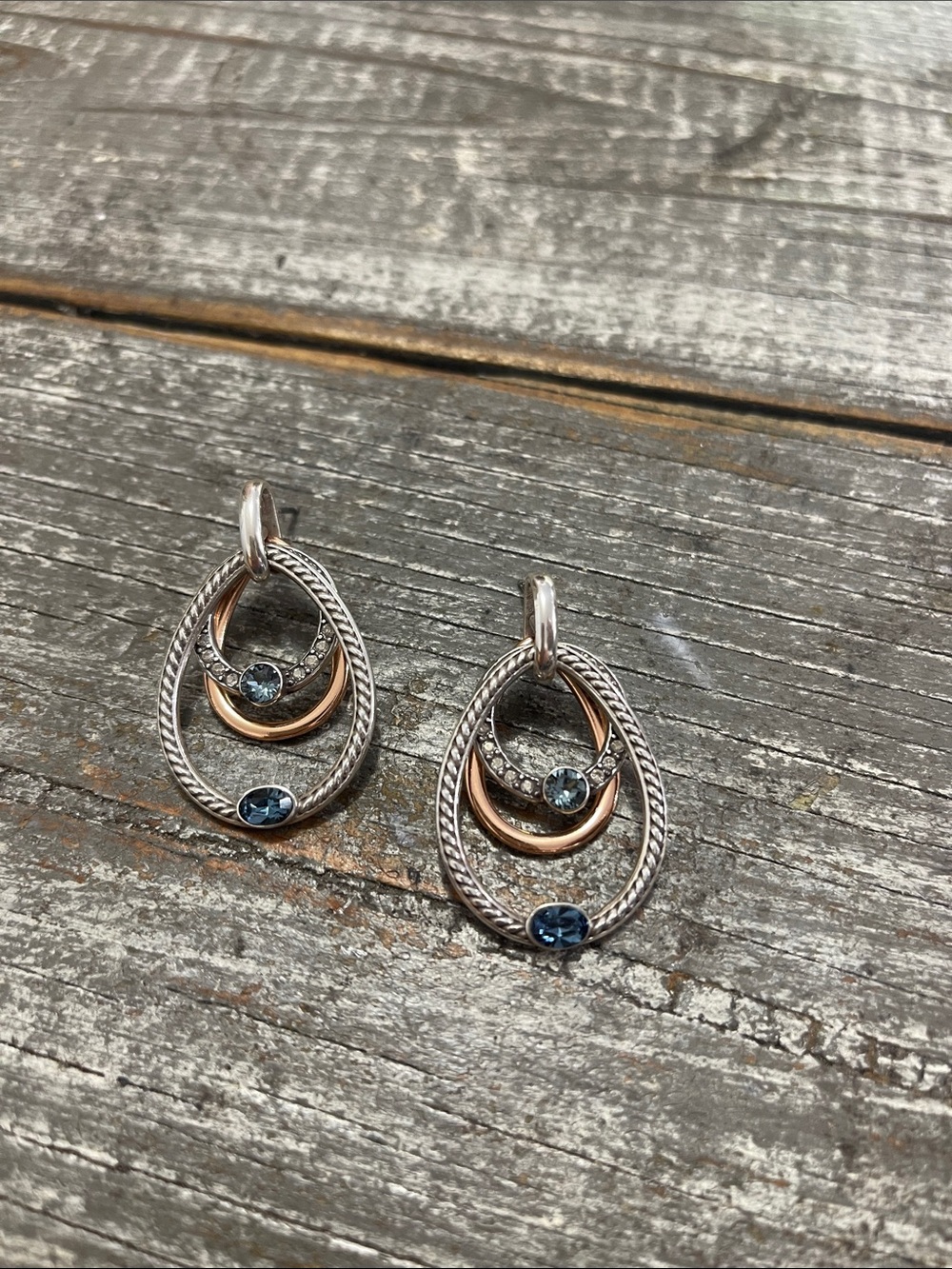 Brighton Silver & Rose Gold Teardrop Earrings with Blue Stones new